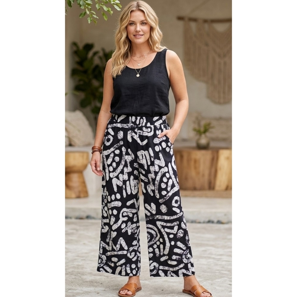 Haute Hippie Linen Blend Wide Leg Pants Black & White Geometric Print Size L